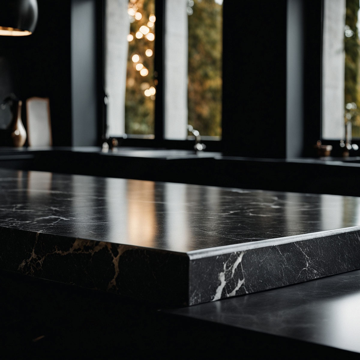 Кухненски плот от черен мрамор Nero Marquina с бели жилки